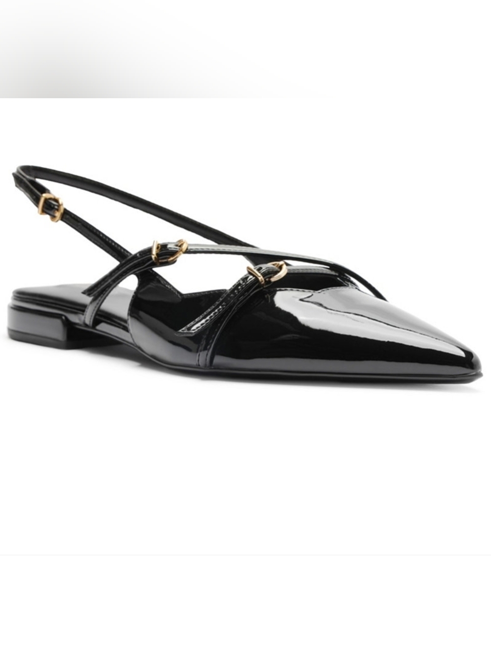 Patent Black Pointed Slingback Flats with Gold Buckles